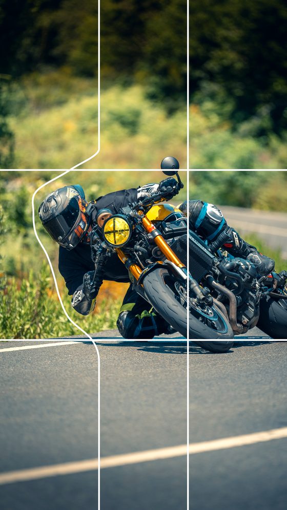 Motorcycle photo bursting out of a grid made with Grid Pop-Out