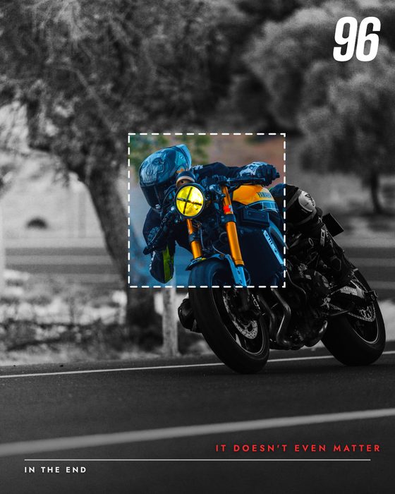 Motorcycle photo with one region highlighted in blue using Region Mask